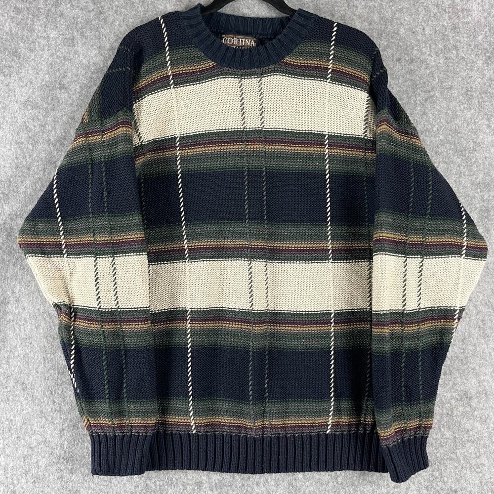 VTG Cortina Italia Sweater Mens XL Plaid Chunky‎ Grandpa Academia Fisherman 80s